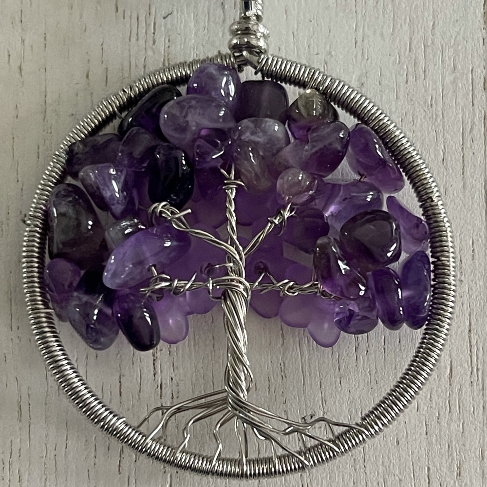 Amethyst chips flower tree of life pendant necklace - Picture 3 of 4